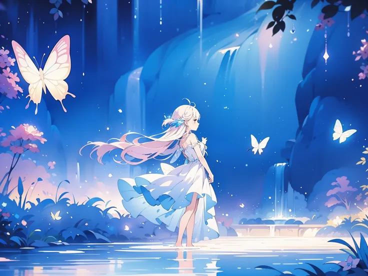 glowing fairies, beautiful girl in sparkling delicate white dress, glowing lights, fireflies, glowing butterflies, fairy creatures, watercolor illustration, vibrant pastel colors, dreamy, colorful, whimsical, magical, masterpiece, best quality, sharp focus...