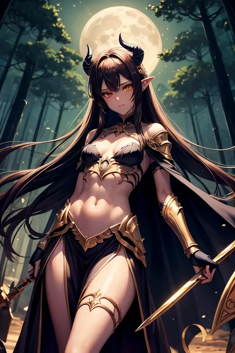 best quality, nsfw, extremely beautiful, beautiful face, long straight brown hair, yellow eyes, (Shiny dark red skin : 1.3), skinny, small breast, Demon horns, revealing dark armor, bare thigh, bare shoulder, long gloves reaching up to the shoulder, dark c...