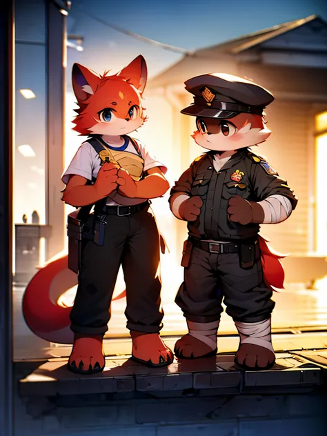 photo，alone，Strong，warrior，Red Dragon，police officer，male，Red Dragon，police uniform，brown work pants，scarf，Put a bandage around your wrist，metal shin guards，black eyes，black belt，（piece）Plush tail，Plush paw，confident expression，Determined gaze，bright and v...