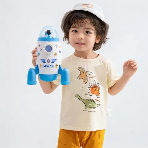 arafed  holding a toy Rocket and a toy robot, in a space cadet outfit, Full product shoot, spacecraft, toy photos, Little astronaut, wearing astronaut outfit, Product introduction photos, space suit, space theme, space core, product photo, Rocket, spaceshi...