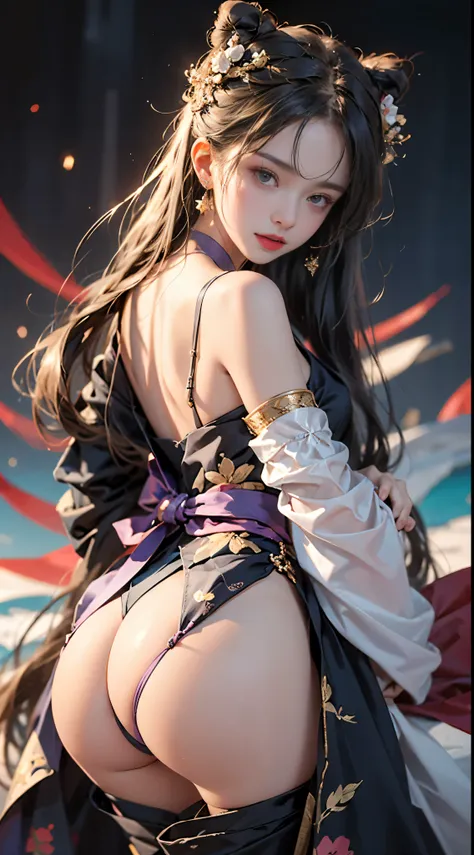 ((highest quality)),((excellent quality, 8K, masterpiece: 1.5)), The genitals are clean: 1.4, perfect body beauty: 1.4,  sexy hanfu clothes，sexy hanfu clothes，I can see your pants，gray hair，wet skin, sleeping in bed，back stance，pointy butt，round butt，point...