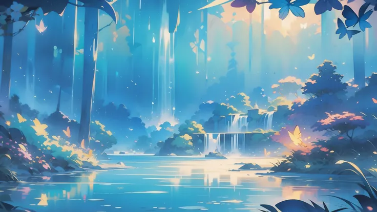 illustration, watercolor illustration, vibrant pastel colors, dreamy, colorful, whimsical, magical, masterpiece, best quality, sharp focus, intricately detailed environment, fine detail, 8k resolution, waterfall lagoon, (magical lagoon), (waterfall, lake),...