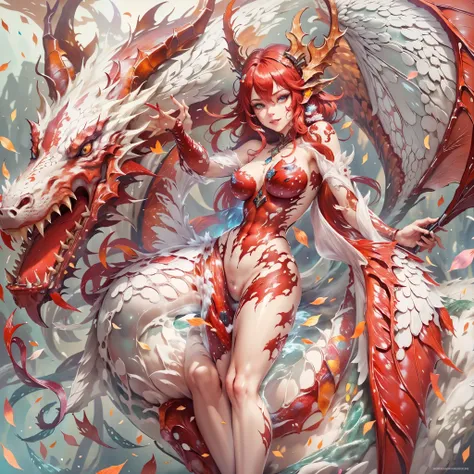 (best quality,4k,8k,highres,masterpiece:1.2), ultra-detailed, realistic, naked sexy dragon woman with red and white glittering scales, long fiery red hair with white highlights, very playful but mischievous smile, naked, nude, detailed crotch, detailed vul...