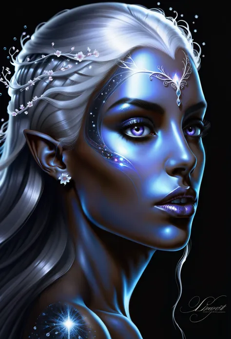 unfinished, hatching (texture),(((a portrait of the vicious dark elf queen appears:1.1))), dark skin, white glowing pupils, exud...