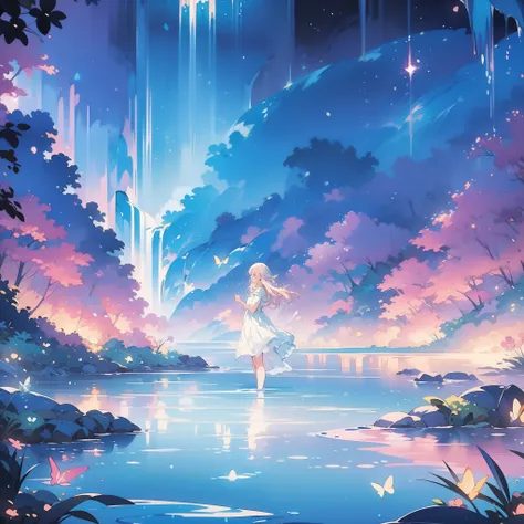 watercolor illustration, vibrant pastel colors, dreamy, colorful, whimsical, magical, masterpiece, best quality, sharp focus, intricately detailed environment, fine detail, 8k resolution, waterfall lagoon, (magical lagoon), (waterfall, lake), glowing light...