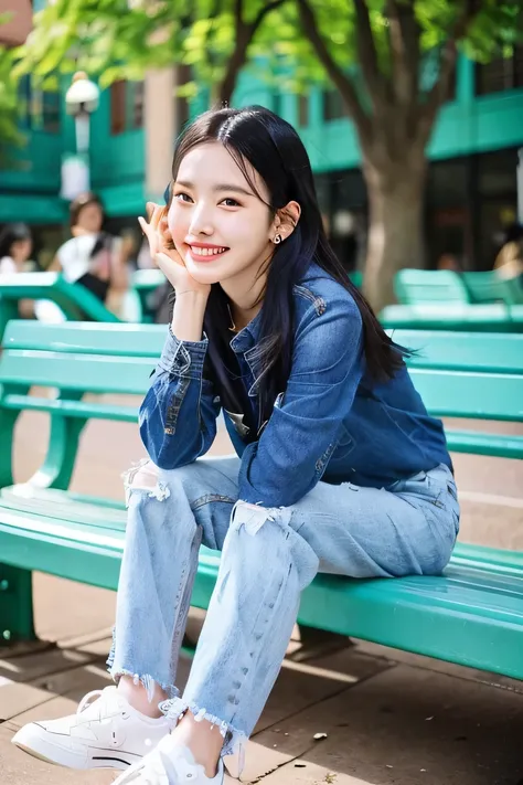 ((highest quality)), A neat and beautiful woman sitting on a park bench、long sleeve blouse、skinny denim、sneakers、black hair、ear piercing、smile、smile showing teeth、full body photo