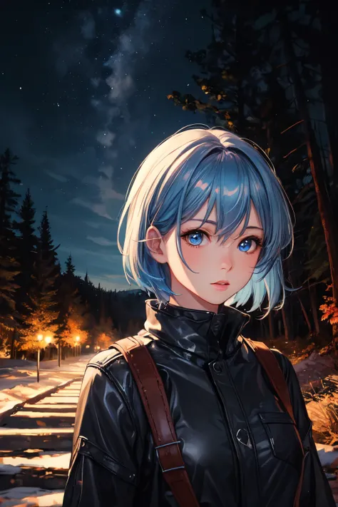 masterpiece, best quality, highres, ultra-detailed, realistic, 1girl, blue hair, blue eyes, short hair, forest, nighttime, night sky