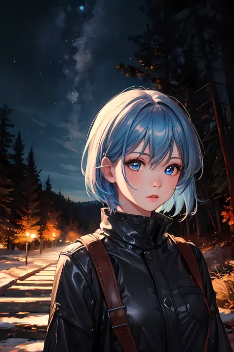 masterpiece, best quality, highres, ultra-detailed, realistic, 1girl, blue hair, blue eyes, short hair, forest, nighttime, night sky