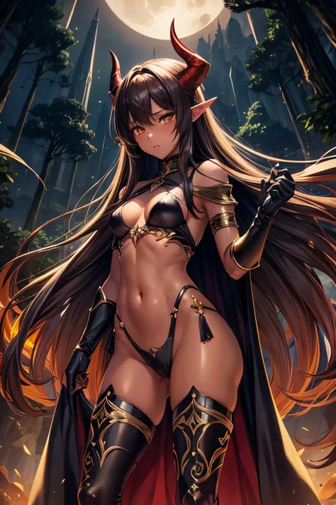 best quality, nsfw, extremely beautiful, beautiful face, long straight brown hair, yellow eyes, (Shiny dark red skin : 1.3), skinny, small breast, Demon horns, revealing dark armor, bare thigh, bare shoulder, long gloves reaching up to the shoulder, dark c...