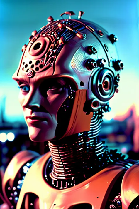 A futuristic frontal head portrait of a humanoid very complex female cyborg. The robots body is made of many metal pieces showing some ware and use, and its internal structure is clearly visible, including circuit boards and light-emitting elements. The ro...