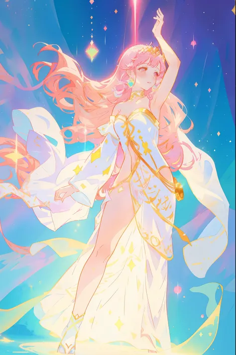 beautiful girl in white arabian two-piece dress, (arabian princess), (arabian dancer), (fantasy arabian dress), long colorful sparkling pink hair, watercolor illustration, Lois van Baarle, glowing aura around her, Glen Keane, jen bartel, glowing hair, beau...