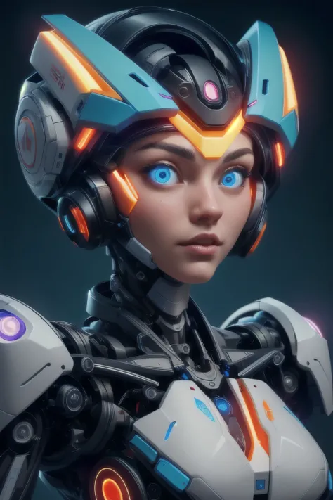 A futuristic frontal head portrait of a humanoid very complex female cyborg. The robots body is made of many metal pieces showing some ware and use, and its internal structure is clearly visible, including circuit boards and light-emitting elements. The ro...