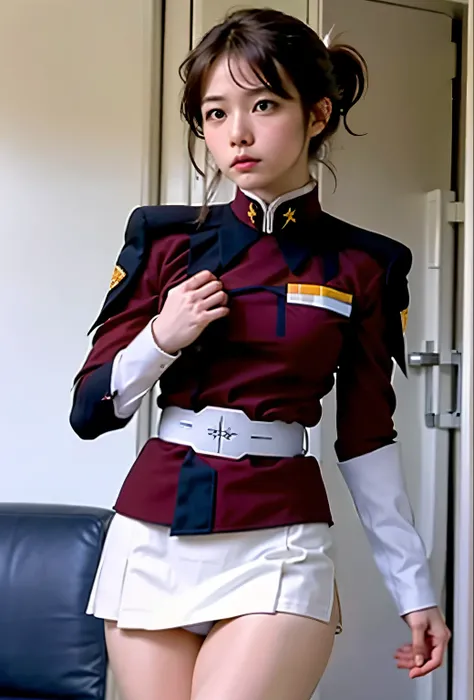 real photos、best image quality、real image、federal army uniform miniskirt、Wakako Kashigawa、japanese woman, 16 years old、ponytail、Satomi Ishihara、pretty girl、white pantiesが丸見え、（white panties:1.3）、super mini skirt、beautiful thighs、white panties、ミニスカートがめくれてwhi...