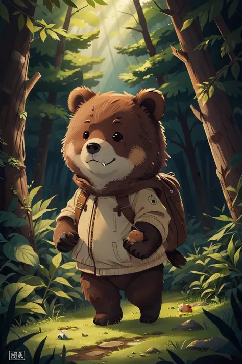 （（A little bear walking in the forest）），Sad bear，Looks very sad，depressing