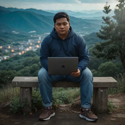 wide shoot photography, image of a slightly fat Indonesian man with short hair, round face, holding a laptop, wearing a navy hoodie and shoes, still image, on top of a hill with weeds and wild plants, bokeh background showing blue hills and forest in the d...