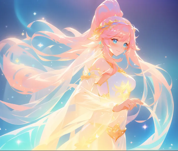 beautiful girl in white arabian two-piece dress, (arabian princess), (arabian dancer), (fantasy arabian dress), long colorful sparkling pink hair, watercolor illustration, Lois van Baarle, glowing aura around her, Glen Keane, jen bartel, glowing hair, beau...