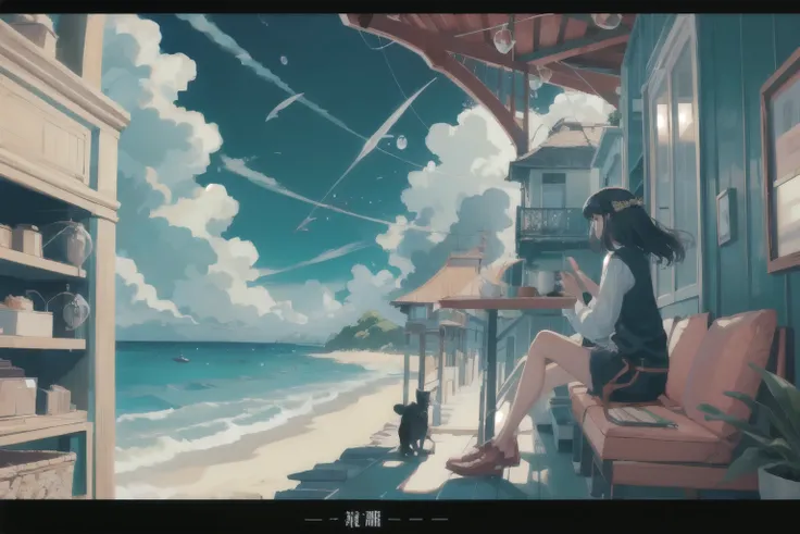 ((1 girl)), Cat,
surreal, coffee shop, fantasy, dream-like,  Ocean, Oceangull, flying dragon, flying kite, summer、