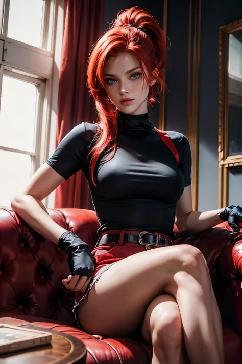 redhead, blue eyes, red shorts, red t-shirt, handsome, ponytail, 21 years old, black gloves, so handsome, legs crossed, sitting on armchair, girl