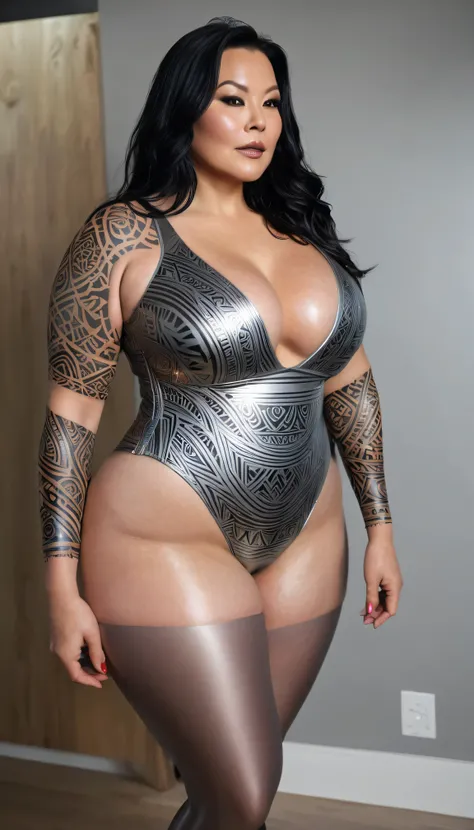  tattoo,metallic silver leotard swimsuit(tribal pattern), Mistress 40+,40 year old female, bbw, thick, thick waist, plump belly, very big plump butt, very big plump breasts, Wrinkle, selfie pose, not instagram, She is looking at the camera with long dark h...