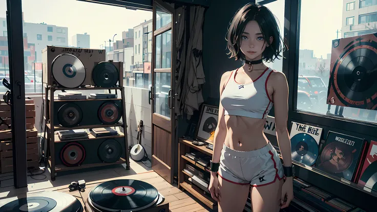 18 year old girl, short black hair, big sad eyes, sweet smile, small breasts, choker collar, wrist cuffs, white gym top, bare midriff, tight white gym shorts, standing, open door, open window, record store, records, vinyl, evening, nighttime, dramatic ligh...