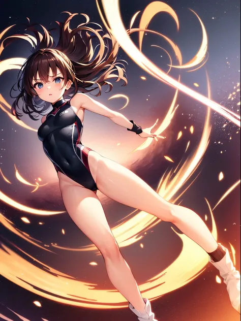 masterpiece, best quality, 1girl, superhero, gymnast_outfit leotard, bare legs, knee boots, matching boots, heroic, standing, body infused with energy, light particles, solo, single, cowboy shot, perfect anatomy, brown hair, beautiful detailed eyes, spread...