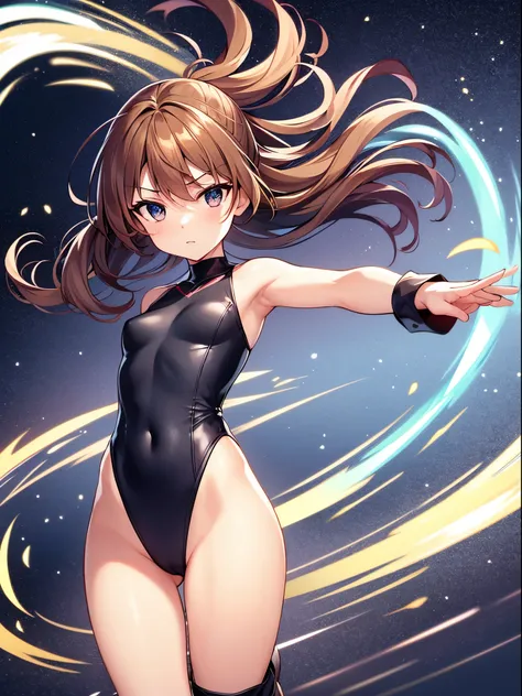 masterpiece, best quality, 1girl, superhero, gymnast_outfit leotard, bare legs, knee boots, matching boots, heroic, standing, body infused with energy, light particles, solo, single, cowboy shot, perfect anatomy, brown hair, beautiful detailed eyes, spread...