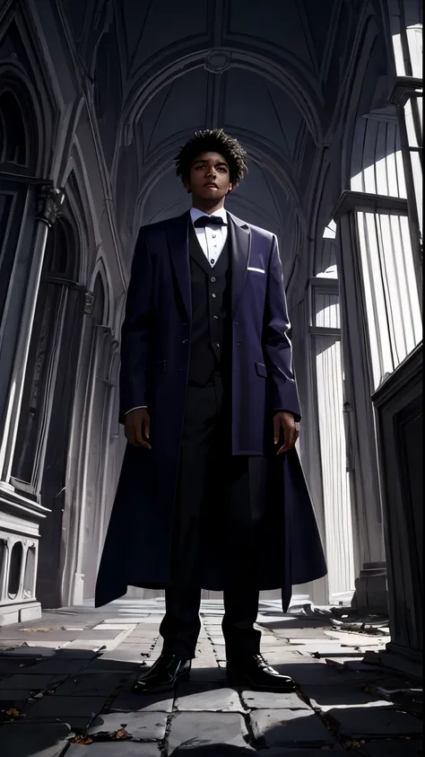 a boy with black skin and white hair in a purple overcoat standing in the middle of spooky ruins