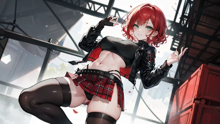 1girl, curly red pixie cut hair parted to one side, green eyes, wearing crop top black shirt, red plaid skirt, black knee high boots, thigh high socks, black fingerless gloves, jacket, stage, exposed shoulders, thick thighs, full body, large breasts, freck...