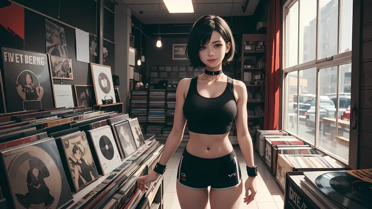 18 year old girl, short black hair, big sad eyes, sweet smile, small breasts, choker collar, wrist cuffs, tight white crop gym top, bare midriff, tight white gym shorts, standing, open door, open window, record store, records, vinyl, evening, nighttime, dr...