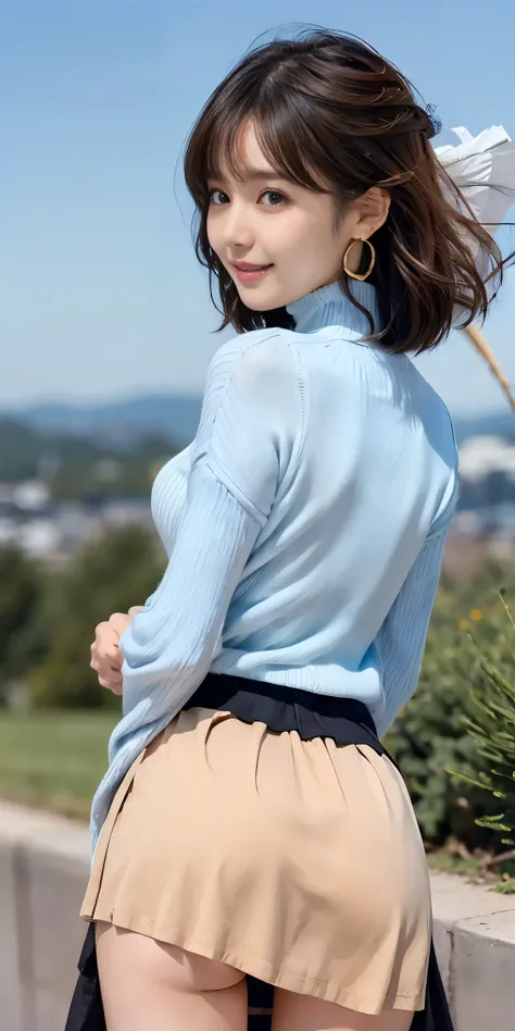 woman, 20-year-old, short black wavy hair、bangs、plump nipples、(White Turtleneck Knit)、(black tight skirt), beige stocking dium milk, cute smile、((Pose that emphasizes the buttocks、looked back))、sexy hips、black high heels、big necklace、((((the wind blew my s...