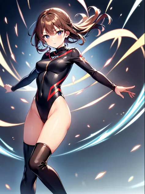 masterpiece, best quality, 1girl, superhero, gymnast_outfit leotard, bare legs, knee boots, matching boots, heroic, standing, body infused with energy, light particles, solo, single, cowboy shot, perfect anatomy, brown hair, beautiful detailed eyes, spread...