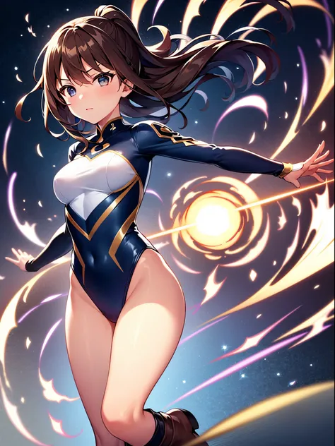 masterpiece, best quality, 1girl, superhero, gymnast_outfit leotard, bare legs, knee boots, matching boots, heroic, standing, body infused with energy, light particles, solo, single, cowboy shot, perfect anatomy, brown hair, beautiful detailed eyes, spread...