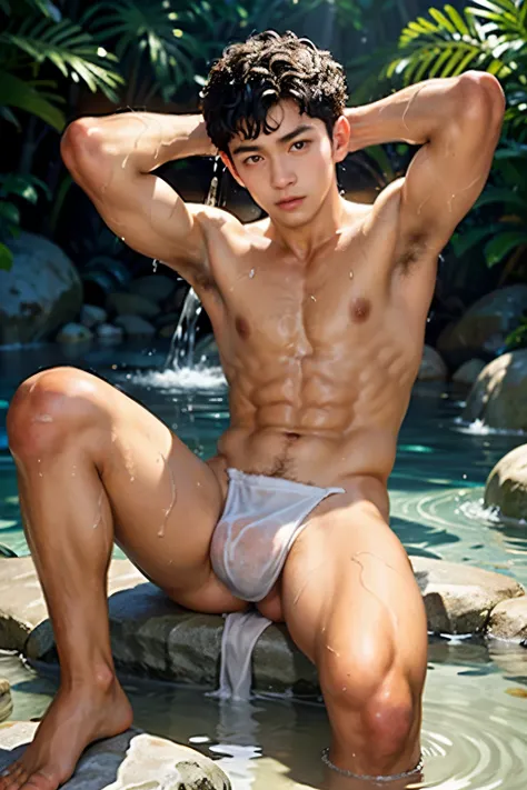 Cute face, Black hair, honey eyes, Full body, bare feet, Beautiful Onsen scenery, 1boy, glowing, steam smork, japan style, anime coloring, shy, Completely naked just Wearing white Tiny wet towel on waist, white silk, on Japanese Onsen, Fluffy chest, pink n...