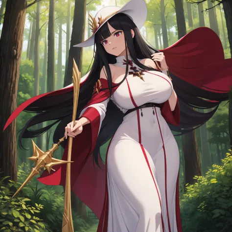 a woman in a white sorceress dress with red and black details, wearing a white sorceress hat with gold details, holding a wizards staff, burgundy eyes, long black hair, in a forest with a house in the background, masterpiece, ultra resolution, well detaile...