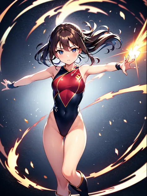 masterpiece, best quality, 1girl, superhero, gymnast_outfit leotard, bare legs, knee boots, matching boots, heroic, standing, body infused with energy, light particles, solo, single, cowboy shot, perfect anatomy, brown hair, beautiful detailed eyes, spread...