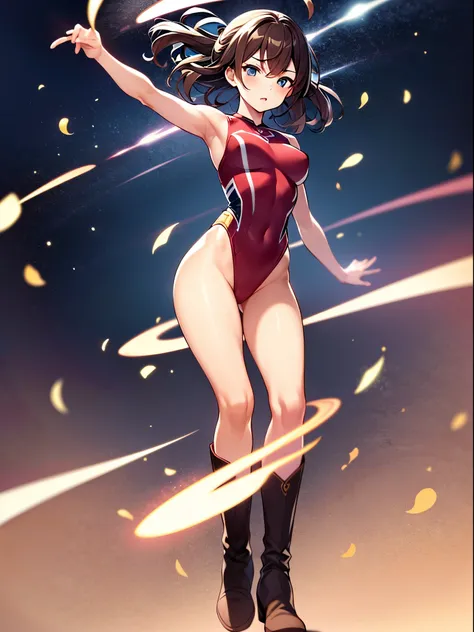 masterpiece, best quality, 1girl, superhero, gymnast_outfit leotard, bare legs, knee boots, matching boots, heroic, standing, body infused with energy, light particles, solo, single, cowboy shot, perfect anatomy, brown hair, beautiful detailed eyes, spread...