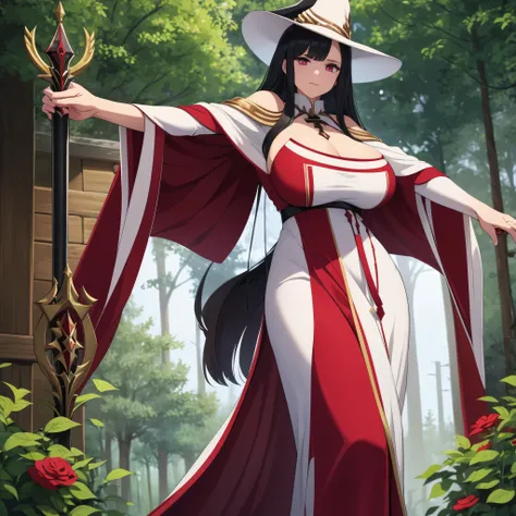 a woman in a white sorceress dress with red and black details, wearing a white sorceress hat with gold details, holding a wizards staff, burgundy eyes, long black hair, in a forest with a house in the background, masterpiece, ultra resolution, well detaile...