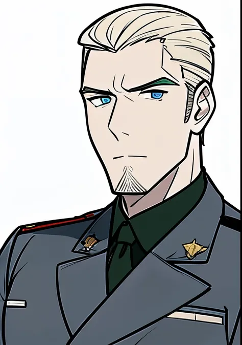 Young Adult male, white and tender skin, pale blonde slicked back combed short hair, kaisermustache and a ducktail beard, steel blue eyes, green and slightly mature, serious and emotionless facial expression,wearing world war 2 era german fatigues, portrai...