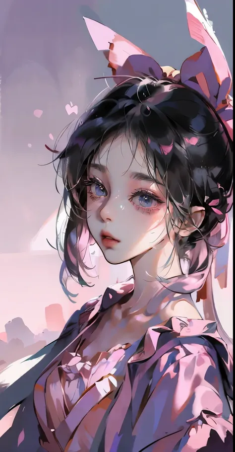 loli anime girl wearing pink wet clothes, realistic shadows, detailed skin, very small breasts, black hair, hair ribbon, very detailed, 8k highly detailed face, perfect face shape, perfect lips, perfect nose, correct beautiful eyes, watching viewer, master...