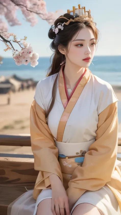 Blue sky and white clouds，Yunshan is far away、tower and many people，pink flowers，Cherry tree，hanfu woman,Phoenix Crown Tiara、Detailed embroidery、Wear hanfu pantyhose、hanfu、Wearing long-sleeved hanfu、Transparent and clearly visible、Look and、Bare oversized b...