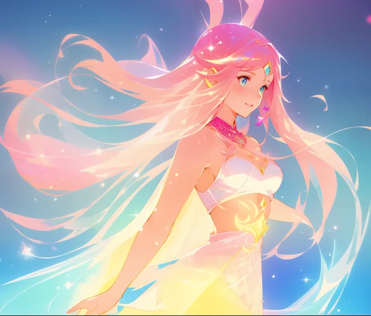 watercolor illustration, beautiful girl in white arabian two-piece dress, (arabian princess), (arabian dancer), (fantasy arabian dress), long colorful sparkling pink hair, Lois van Baarle, glowing aura around her, Glen Keane, jen bartel, glowing hair, beau...