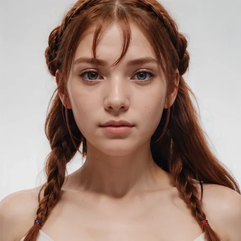 1girl, star eye, blush, perfect illumination, red braided hair, red eyes, unreal engine, sidelighting, detailed face, bangs, bright skin, simple backgroud, white background, 