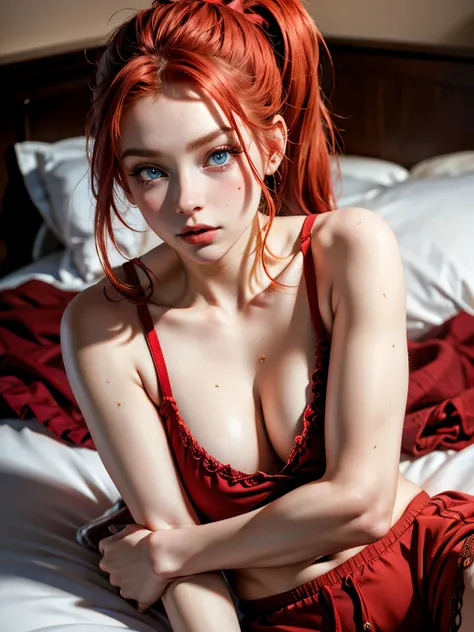 redhead, blue eyes, ponytail, 21 years old, girl, sexy, hot, cute, lying on the bed, pijamas red, RED