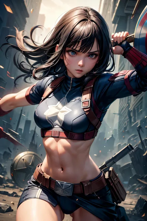 girl, black hair with bangs, captain america costume, only wielding a shield, combat stance, highly detailed, vibrant appearance, creative behavior, imaginative, sensual, spontaneous, small breasts, sexi, highest quality, skin texture, intricate details, (...