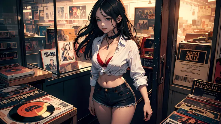 21 year old girl, 
long black hair, big eyes, sweet smile, small breasts, thin hips,
dog collar, white unbuttoned shirt, red bra, cleavage, jean shorts,
record store, vinyl,
open door, open window, evening, nighttime,
dramatic lighting, cinematic lighting,...