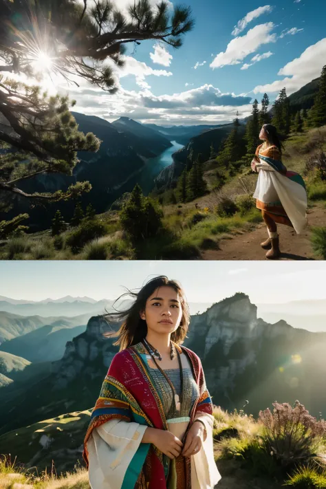 Create a digital image with maximum quality, advanced detail and cinematic style, depicting a beautiful indigenous woman against a stunning landscape in the background. The woman must be highlighted, with striking features and a calm expression. Your cloth...