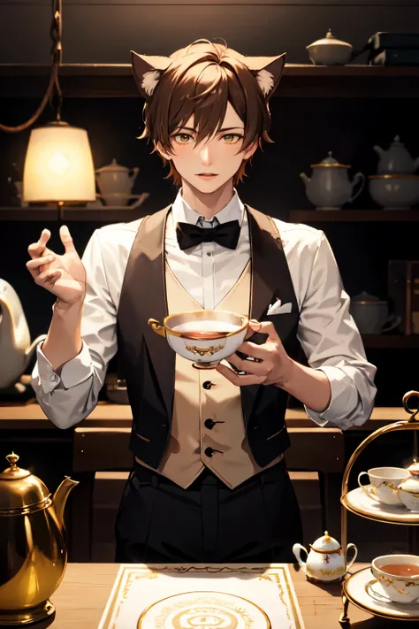 Butler, Cat Ears, Brown Hair, Sharp Orange Cat Eyes, masterpiece, Castle, Warm Atmosphere, Serving tea, Magic Circles, 1 Boy, Light Brown Skin