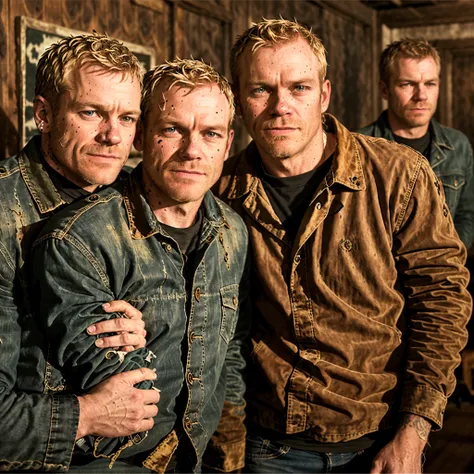 A iconic moment captured in an edgy and raw artistic style: Jimmy Somerville, with his expressive face, giving Steve McQueen an intimate act - first a blowjob, then a facial. The scene is illuminated by gritty, industrial lighting, emphasizing the intense ...