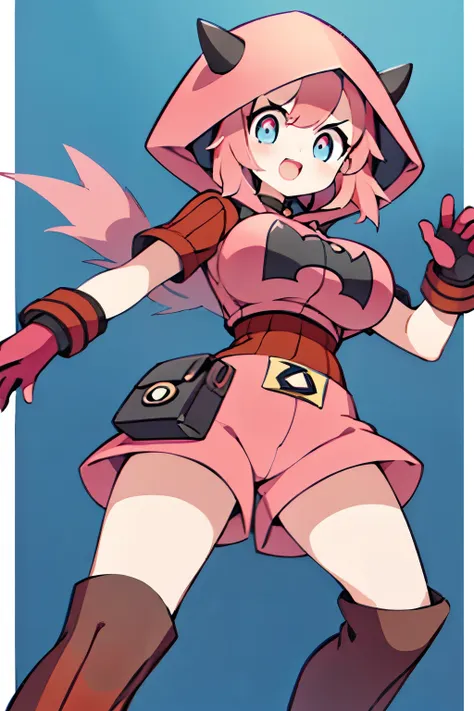 (1girl in:1.2), (Solo:1.2) 、nffsw、Shaders、Brilliant Textured Work、Ultra-detailed eyes、ultra-intricate pupil in eyes、top-quality、Full body standing picture、pkmntmg 、(fake horns, hoodie, red shorts, gloves, red boots) 、long hair, (pink hair:1.5), sadistic sm...