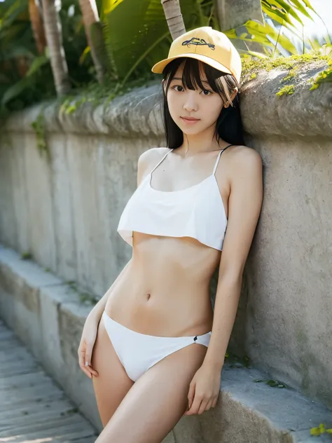 1 woman, black hair, naked, yellow cap, tropical seaside, natural skin, sunlight coming in, various feminine poses